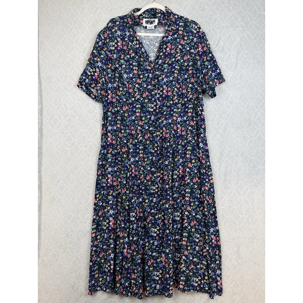 Vtg Maxi Shirt Dress 18 Blue Floral Teacher Cottage Grandma Twee Modest 90s Y2K